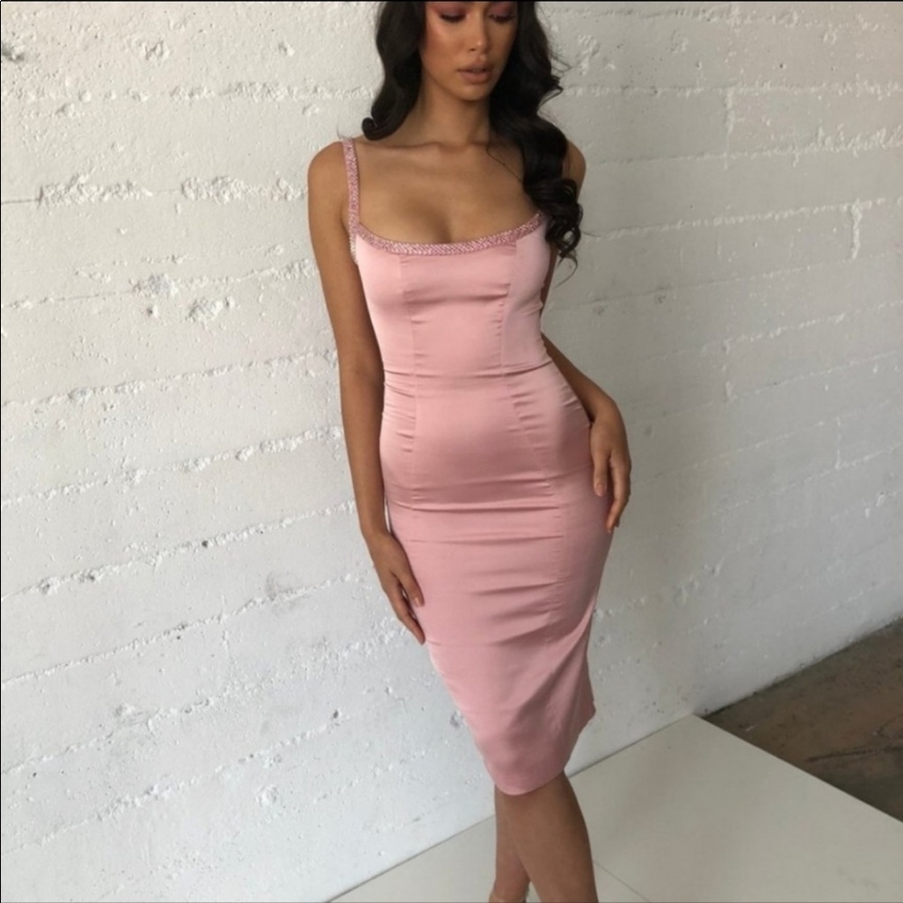 House of CB Camilla Pink Satin Dress with Hand Sewn Crystals - Picture 7 of 13